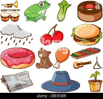 Grand jeu de différents aliments et autres éléments sur fond blanc illustration Illustration de Vecteur