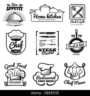 Logo vectoriel vintage du restaurant. Étiquettes rétro du chef. Cuisine dans les emblèmes de cuisine. Étiquette cuisine maison, illustration fraîche et chaude Illustration de Vecteur
