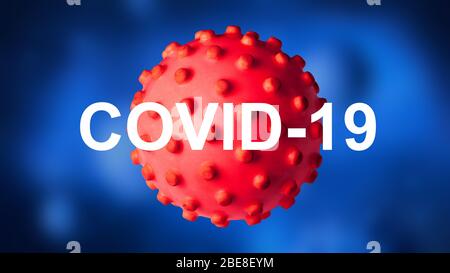 Bannière COVID-19 coronavirus, illustration tridimensionnelle. Thème de la maladie COVID sur fond bleu foncé. Nouvelle épidémie mondiale de virus corona SRAS-CoV-2. Affiche avec Banque D'Images