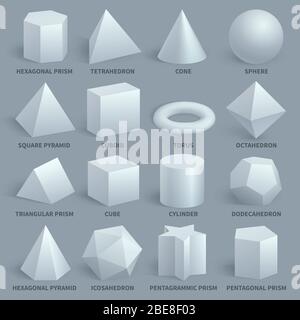 Ensemble vectoriel de formes de base 3 tailles blanches réalistes. Forme géométrique pour illustration pédagogique. Hexagonale et prisme, tétraèdre et cône, sphère et pyramide Illustration de Vecteur