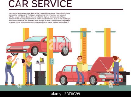 Service automobile et véhicule de contrôle vectoriel de l'arrière-plan avec voiture et mécanique en uniforme. Réparer la voiture dans l'illustration du garage de service Illustration de Vecteur