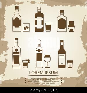 Affiche de grunge vintage avec icônes de boissons alcoolisées. Bannière avec barre à boissons, illustration vectorielle Illustration de Vecteur