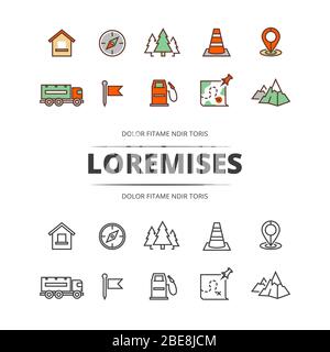 Voyage, circulation routière, plan de l'emplacement et icônes colorées. Illustration vectorielle Illustration de Vecteur