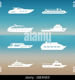 Collection d'icônes de bateaux et de bateaux blancs. Déplacement de transport, illustration vectorielle Illustration de Vecteur