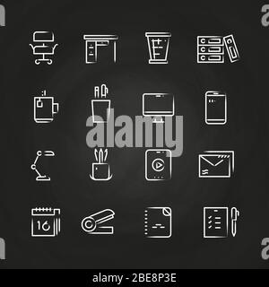 Icônes de bureau tracées à la main sur tableau de surveillance. Dessin d'entreprise de bureau, illustration vectorielle Illustration de Vecteur