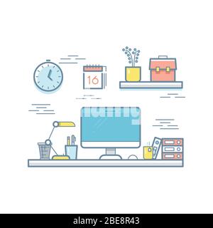 Espace de travail de bureau coloré avec ordinateur, papeterie, mug. Illustration vectorielle Illustration de Vecteur