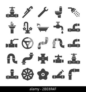 Collecte des icônes d'engèneering sanitaire, de valve, de tuyau, de plomberie et d'objets de service. Robinet et robinet de plomberie, tuyau d'eau et tube de vidange. Illustration vectorielle Illustration de Vecteur