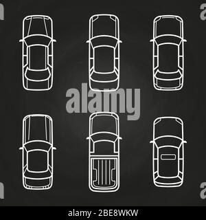 Jeu de modèles de voitures blanches - icônes de vue supérieure de voitures. Illustration vectorielle Illustration de Vecteur