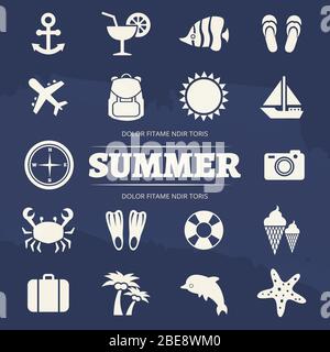 Jeu d'icônes de vacances d'été - icône Voyage aventure. L'ancre et le soleil, le cocktail et les loisirs, illustration vectorielle Illustration de Vecteur