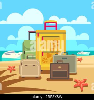 Concept de voyage avec bagages de passagers et plage. Illustration vectorielle Illustration de Vecteur