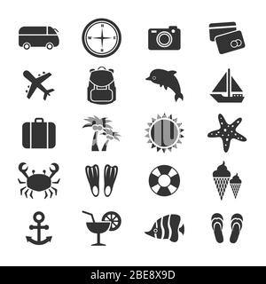 Collection d'icônes de vacances ou de voyages d'été. Symbole été avion et passeport. Illustration vectorielle Illustration de Vecteur