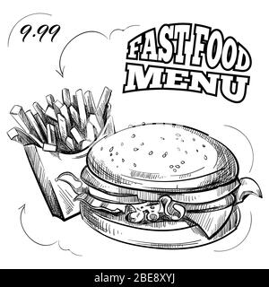 Menu Fast food avec hamburgers et chips de pommes de terre à main isolés sur blanc. Illustration vectorielle Illustration de Vecteur