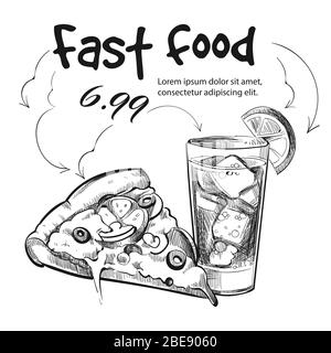 Kit de collation Fast-food isolé sur blanc - pizza tirée à la main et boisson froide. Illustration vectorielle Illustration de Vecteur