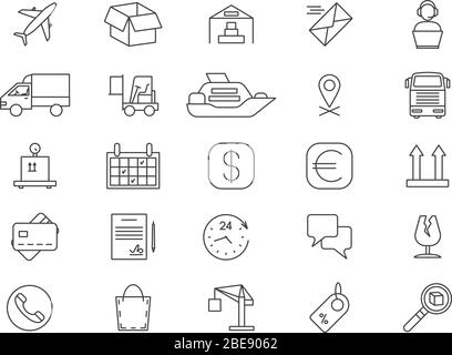 Logistique d'importation et d'exportation, expédition et livraison de marchandises, icônes de ligne de cargaison. Illustration de la logistique de livraison et d'exportation de conteneurs, d'entrepôts et de distribution Illustration de Vecteur