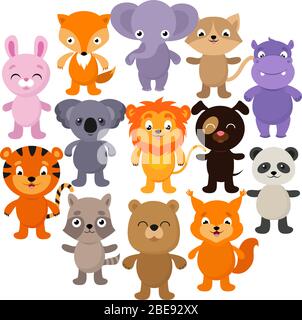 Forêt, savane et jungle des animaux de bébé. Jeu de caractères vectoriels de dessin animé. Illustration des animaux jeunes et heureux Illustration de Vecteur