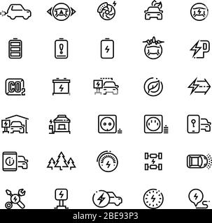 Icônes vectorielles de ligne de voitures électriques. Véhicules à batterie hybride et symboles de transport vert. Transport électrique renouvelable et de charge, éco-illustration automobile d'énergie Illustration de Vecteur
