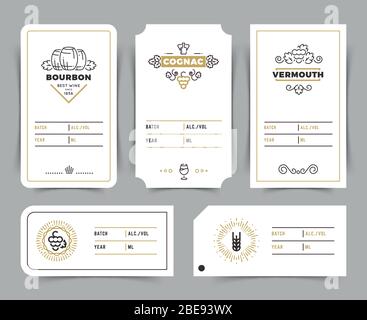Emblèmes vectoriels rétro pour boissons alcoolisées. Étiquettes vintage bourbon, whisky et brandy. Illustration de l'emblème de la bouche vermouth et de la carte cognac Illustration de Vecteur