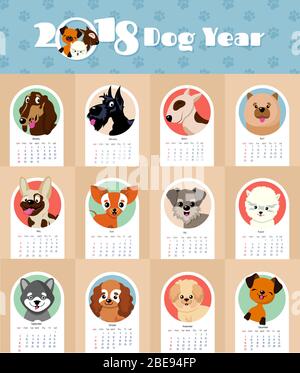 2018 nouveau calendrier d'année avec les chiens chiots mignon et drôle symbole chinois vecteur modèle. Calendrier 2018 année de chien, illustration de chiot drôle Illustration de Vecteur