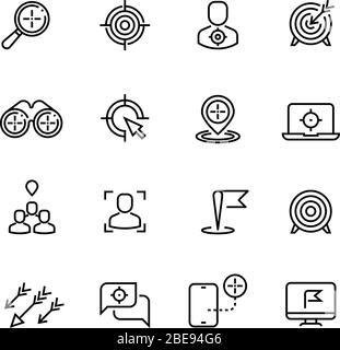Bullseye, orientation client et icônes vectorielles de ligne de ciblage. Succès bullseye, précision de flèche dans l'illustration du plan de travail Illustration de Vecteur