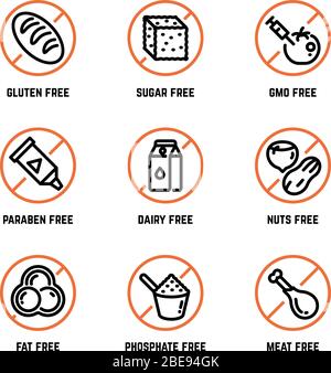 Icônes vectorielles d'avertissement des ingrédients alimentaires. Sans phosphate, sans ogm, aucun symbole de produit biologique sans gluten. Sucre et gluten interdits, phosphate et illustration laitière Illustration de Vecteur