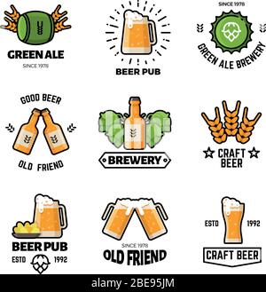 Logos vectoriels et emblèmes de pub de bière. Brasserie et brasserie d'affaires étiquettes anciennes. Illustration du logo de l'emblème de la bière de brasserie, du pub et du bar Illustration de Vecteur