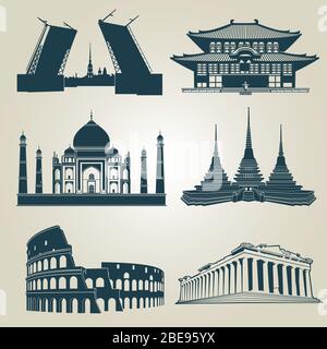 Silhouettes vectorielles d'attractions touristiques du monde. Sites touristiques célèbres et symboles de destination panthéon et taj mahal, colisée et célèbre illustration de sites touristiques Illustration de Vecteur