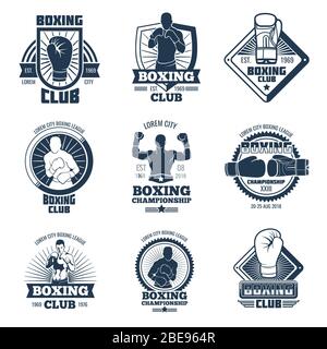 Étiquettes vectorielles et badges vintage de club de boxe. Emblème avec illustration du champion boxer Illustration de Vecteur