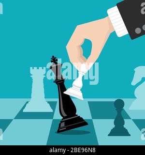 Concept vectoriel de stratégie de contrôle des affaires avec main tenant les pions d'échecs frapper le roi. La stratégie commerciale gagne l'illustration métaphore Illustration de Vecteur