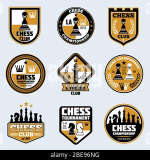 Étiquettes du club d'échecs. Logos et emblèmes vectoriels de stratégie commerciale. Logo du jeu d'échecs tournoi et illustration du championnat Illustration de Vecteur