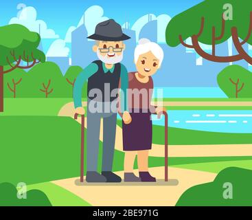 Joyeuses caricatures, femmes âgées, adorent l'extérieur. Ancien couple dans l'illustration du vecteur de stationnement. Couple senior dans le parc vert Illustration de Vecteur