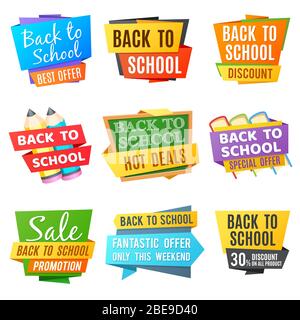 Créatif de retour à l'école vecteur de publicité bannières. Bannière colorée de l'école, offre spéciale de retour à l'illustration de l'école Illustration de Vecteur