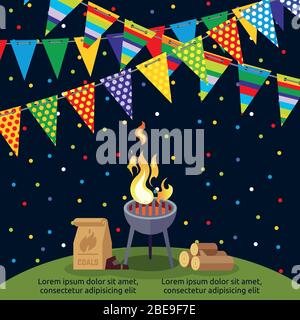 Motif affiche de fête ou barbecue avec drapeaux colorés. Barbecue grill, cuisson de viande de steak, illustration vectorielle Illustration de Vecteur