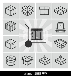 Icônes de package scénario avec boîtes, caisses, conteneurs. Icônes linéaires, illustration vectorielle Illustration de Vecteur