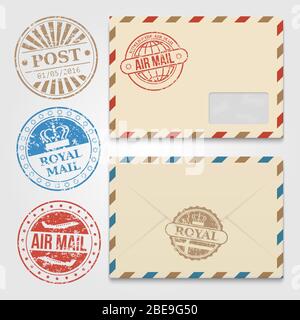Modèle d'enveloppes anciennes avec tampons postaux grunge. Enveloppe avec cachet air mail. Illustration vectorielle Illustration de Vecteur