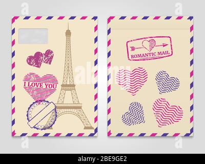 Enveloppes romantiques vintage avec tour Eiffel et timbres d'amour. Voyage carte postale romantique enveloppe de courrier. Illustration vectorielle Illustration de Vecteur