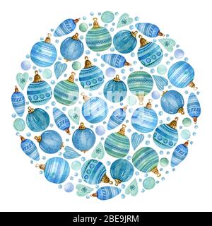 Cadre circulaire en aquarelle de Noël avec boules colorées, coeurs et neige sur le fond blanc. Idéal pour les cartes de vœux, les invitations, les bannières et les affiches. Banque D'Images