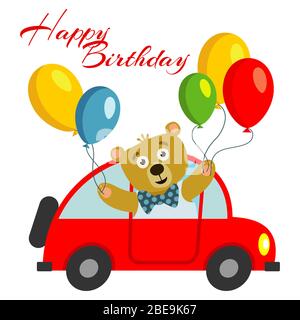 Joyeux anniversaire enfants carte postale modèle avec ours avec ballons en voiture rouge. Illustration vectorielle Illustration de Vecteur