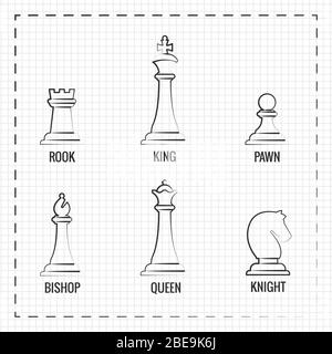 Icônes de ligne de pièces d'échecs dessinées à la main sur la page du bloc-notes. Illustration vectorielle Illustration de Vecteur