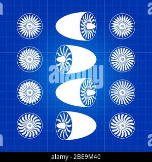Turbines moteur blanches d'avion sur fond bleu. Illustration vectorielle plate Illustration de Vecteur