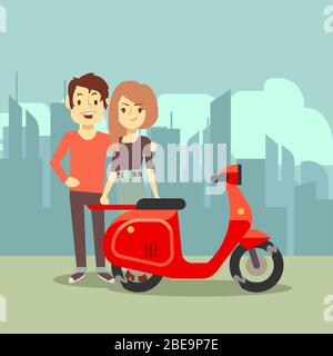 Mignon dessin animé jeunes amoureux et vélo sur le paysage de la ville - concept moderne de date. Illustration vectorielle Illustration de Vecteur