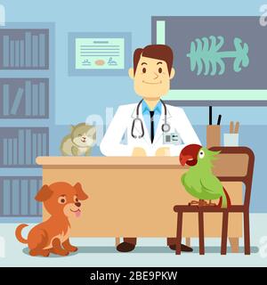 Bureau vétérinaire avec médecin et animaux de compagnie. Médecin vétérinaire en clinique avec des animaux. Illustration vectorielle Illustration de Vecteur