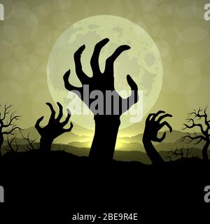 Zombi mains dans la nuit d'Halloween sur le fond de lune. Silhouette de main zombie vectorielle dans l'illustration de nuit halHalloween en clair de lune Illustration de Vecteur