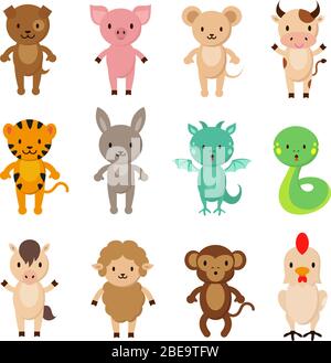 Jeux de caractères vectoriels de caricature des animaux chinois du zodiaque. Dragon et serpent, chien et lapin, cheval et singe, tigre et porc illustration Illustration de Vecteur