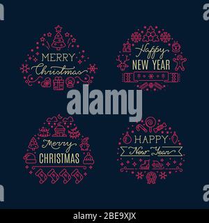 Joyeux noël des scripts de vœux avec des icônes de Noël de ligne de vacances. Illustration du badge vacances hiver Vector set Illustration de Vecteur