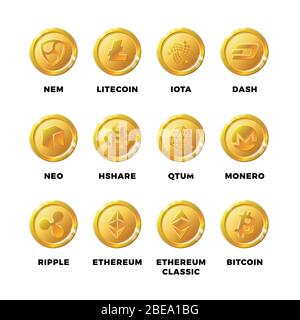 Les pièces d'or Cryptocurrency avec bitcoin, litecoin Ethereum symboles vecteur. Jeu de bitcoin doré et d'éthérée, de litecoin et d'illustration de blockchain Illustration de Vecteur