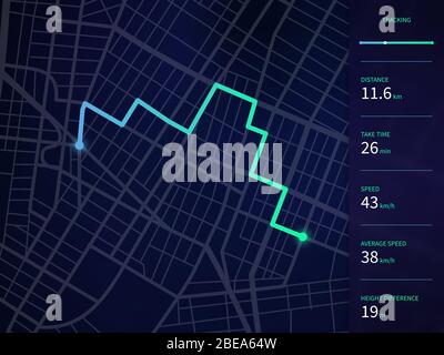 Plan de ville vectoriel avec interface d'itinéraire et de données pour la navigation gps et l'application tracker. Interface utilisateur des navigateurs Roadmap, illustration vectorielle du plan de navigation Illustration de Vecteur