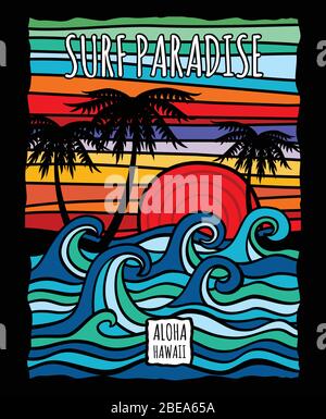 Motif vintage hawaii aloha surf avec vagues de l'océan et palmiers vecteur t-shirt. Surfez sur la vague de l'océan et la paume, arbre dans l'illustration de style vintage couleur Illustration de Vecteur