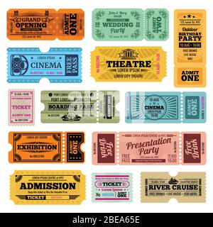 Modèles de billets d'entrée vintage Circus, Party et Cinema Vector. Collection de billets rétro pour le cinéma, le théâtre et l'illustration de la croisière fluviale Illustration de Vecteur