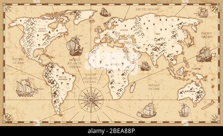 Carte du monde physique vintage avec des rivières et des montagnes illustration vectorielle. Carte rétro ancienne du monde avec bateau de voyage antique Illustration de Vecteur