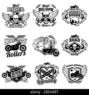 Étiquettes pour motocyclettes anciennes. Badges et logos rétro vectoriels pour moto. Badge moto et moto, emblème vintage pour l'illustration du club moto Illustration de Vecteur